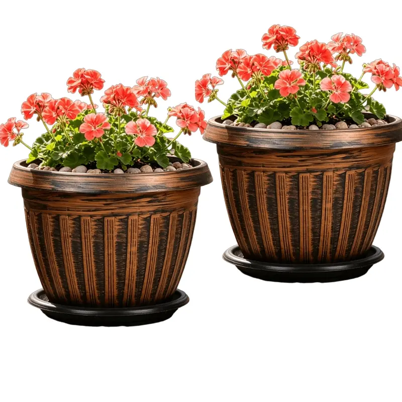 2 sets of thickened copper flowerpots with drainage holes and trays, Lightweight retro outdoor garden flowerpots, Garden planters, weather-resistant, ideal for decorating living room, bedroom, balcony & wall shelves