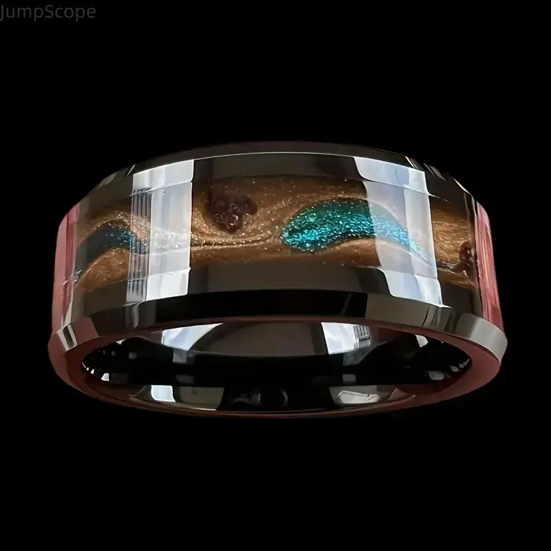 Handcrafted Tungsten Men's Wedding Band - Blue Opal, Garnet Inlay, Meteorite Pattern, Funky Peppy Glamorous Men's Accessories for Adults, Engagement & Intimate Gift for Boyfriend
