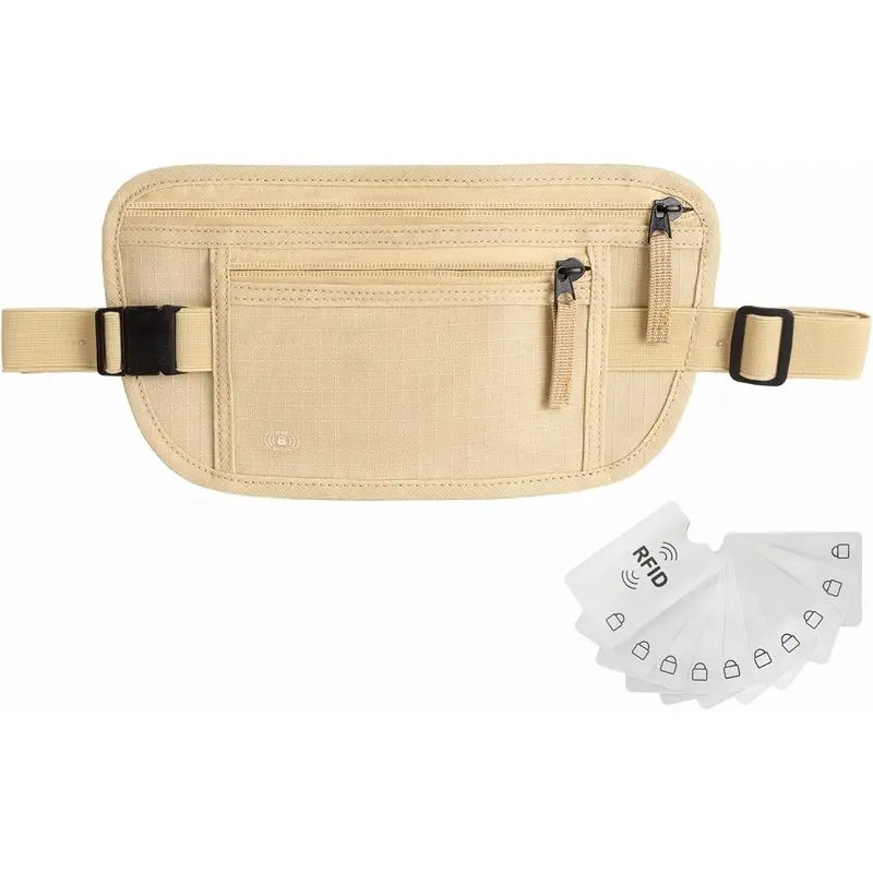 Hidden Travel Money Belt for Men & Women, Slim RFID Blocking Passport Holder Waist Pouch, Adjustable Beige Fanny Pack for Airport, Vacation, Hiking & Daily Carry