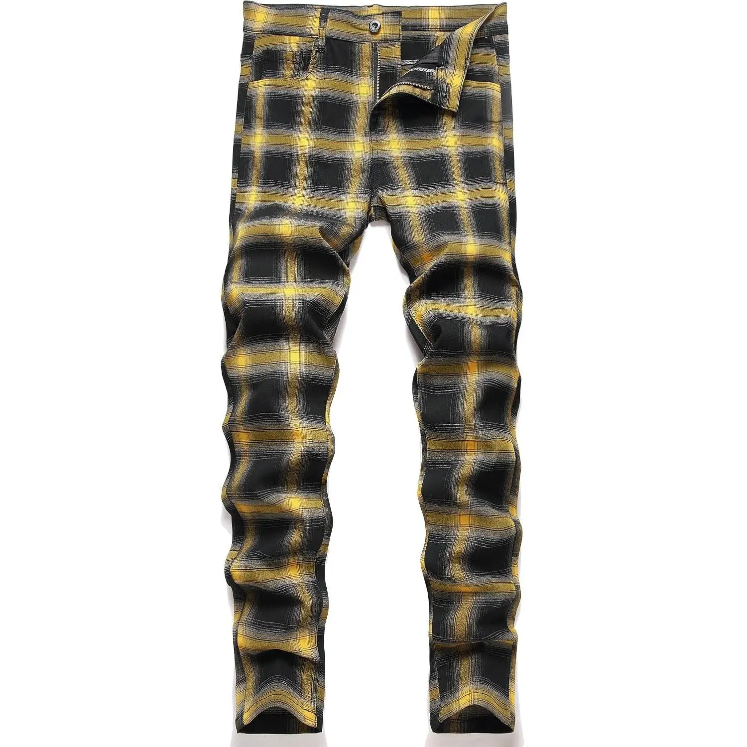 Men's Stretch Slim Fit Flat-Front Casual Skinny Chinos Plaid Dress Pants