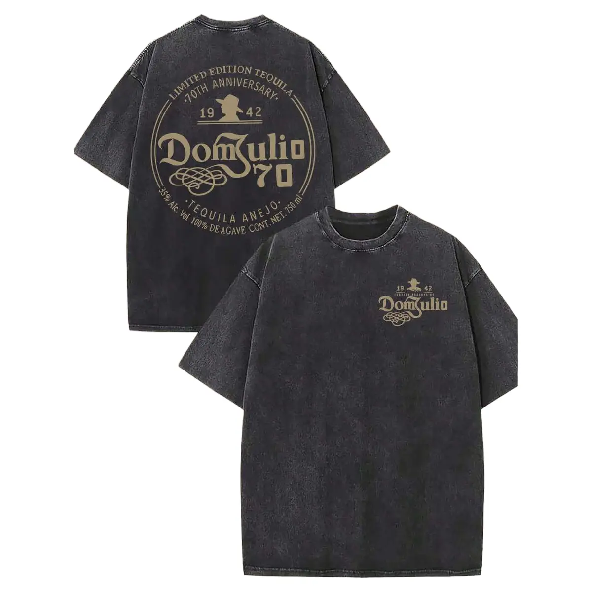 Retro Stone Washed Double Side Printed Oversized Tee, Soft Cotton Round Neck Unisex Casual T-shirt, Vintage Western Alcohol Label & Ornate Typography Basic Top, Versatile Fashion Apparel for Outdoor Activities & Daily Street Styling