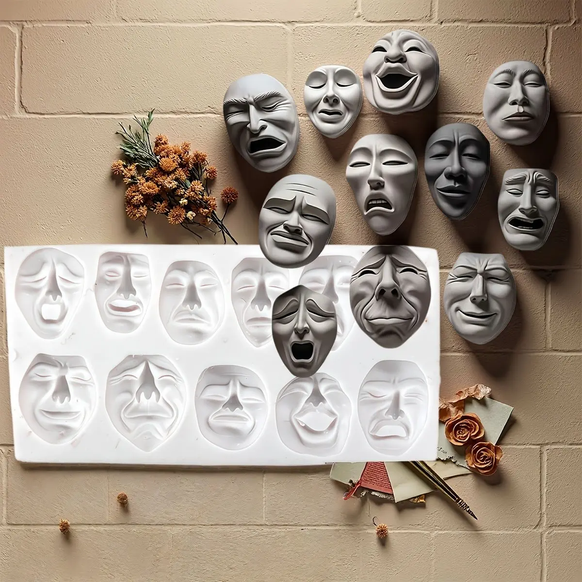 Expression Mask Silicone Mold, 11-Cavity Candle Mold, Soap Mold, Resin Mold, DIY Polymer Clay Decorative Mold, Handmade Art Tool