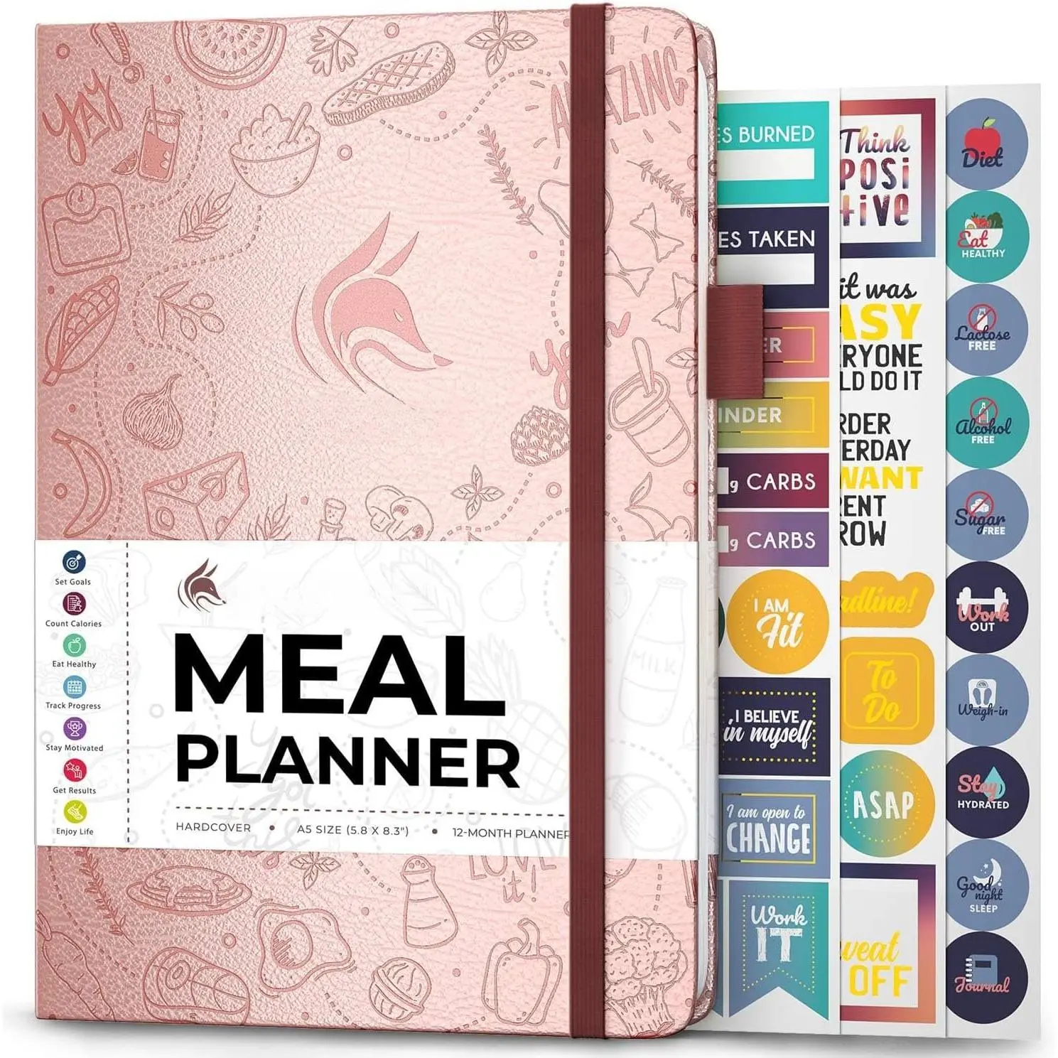 Hardcover A5 Size (5.8x8.3 in) Eco-Leather Meal Planner Notebook - 1-Year Undated, Paper Pages, Weekly Planning, Rose Design, Budget Tracking, Habit Logging, Menu Creation, Grocery List Organiser
