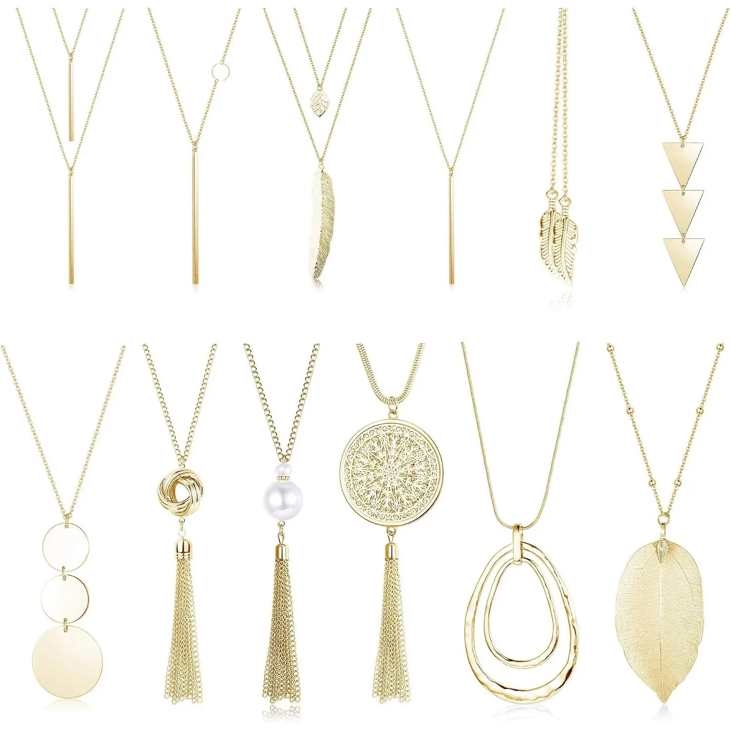 12 Pcs Long Pendant Necklaces for Women, Round Knot Leaf Bar Y-Shaped Tassel Triangle Statement Necklaces, Simple Layered Long Chain Sweater Necklace Set
