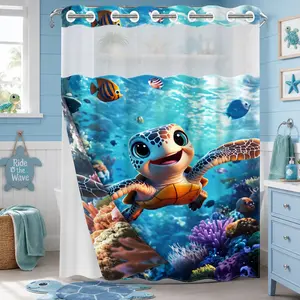 1 Piece No Hook Double Layer Shower Curtain, Cute Cartoon Sea Turtle Print Bath Curtain, Waterproof, Mildew Resistant, Durable Fabric, Ocean Home Decor, Removable Liner, Top See-Through Window, Partition Curtain 71"×74"