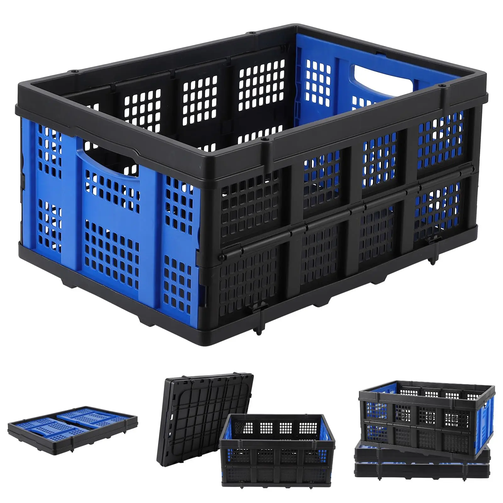 Garvee Heavy-Duty 55L Collapsible Plastic Storage Crate – Stackable, Collapsible Utility Bin with Handles – Multi-Purpose Organizer Basket for Home, Office, Garage, Kitchen, Study Room – Blue