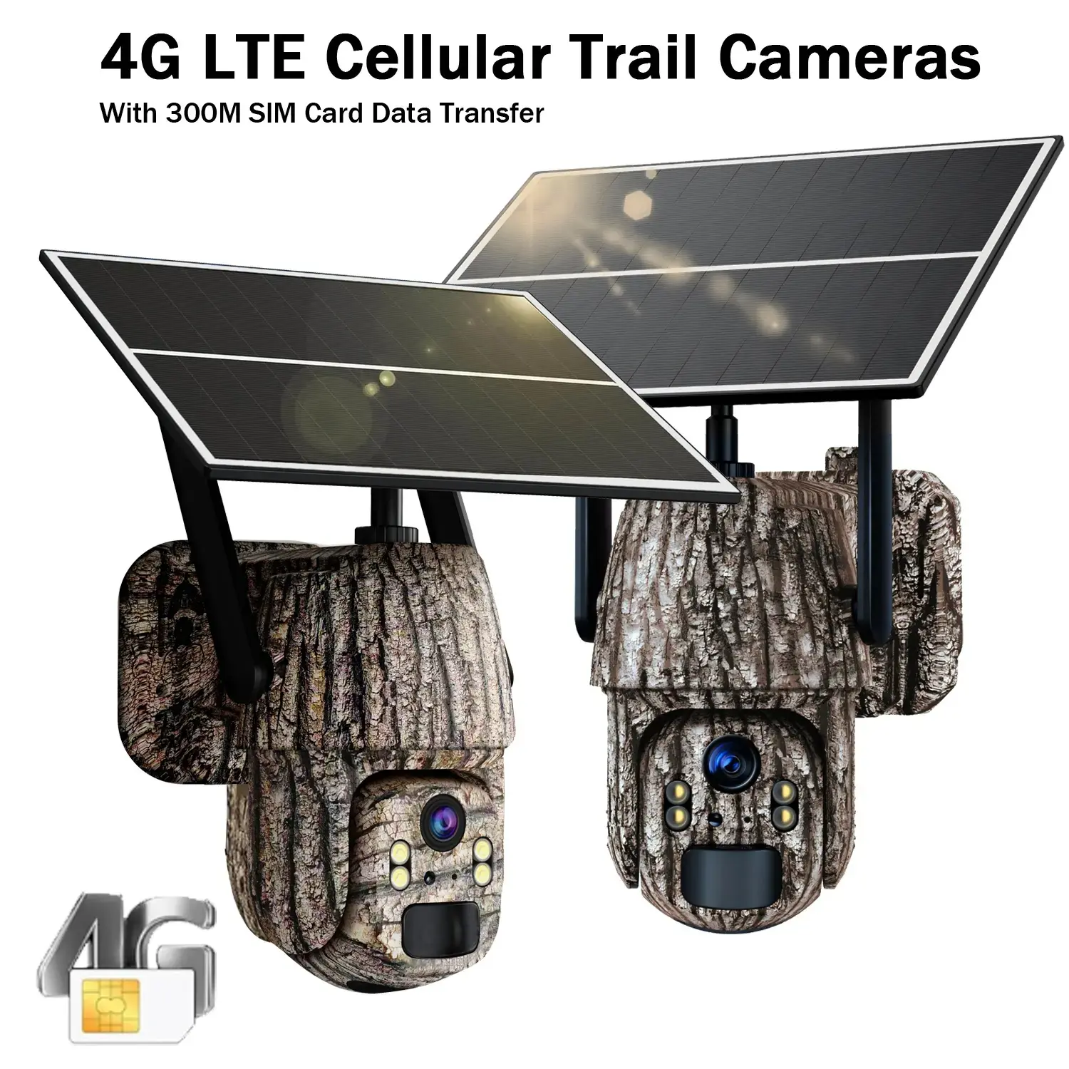 2 Pack 4G LTE Cellular Trail Cameras for Hunting, 2K HD Solar Game Cameras with Built-in SIM, 360° Live View, PIR Night Vision, 4X Zoom, 2-Way Talk, IP66 Outdoor Waterproof, Deer & Turkey Hunting Accessory (Cellular Data Plan Required)