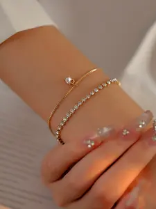 Two Elegant Color-Lasting Kc Gold Heart Thin Bracelets, Lobster Clasp Extended Chain, Single or Layered Wear, Soft Girls' Daily Jewelry