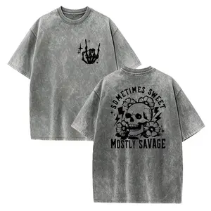 Women's 100% Cotton Seamless Gothic Tunic T-Shirt - Edgy Skull & Lightning Bolt Graphic, "Sometimes Sweet Mostly Savage" Slogan, Loose Short-Sleeve Round Neck Top for Spring/Summer Casual & Party Wear, Machine Washable