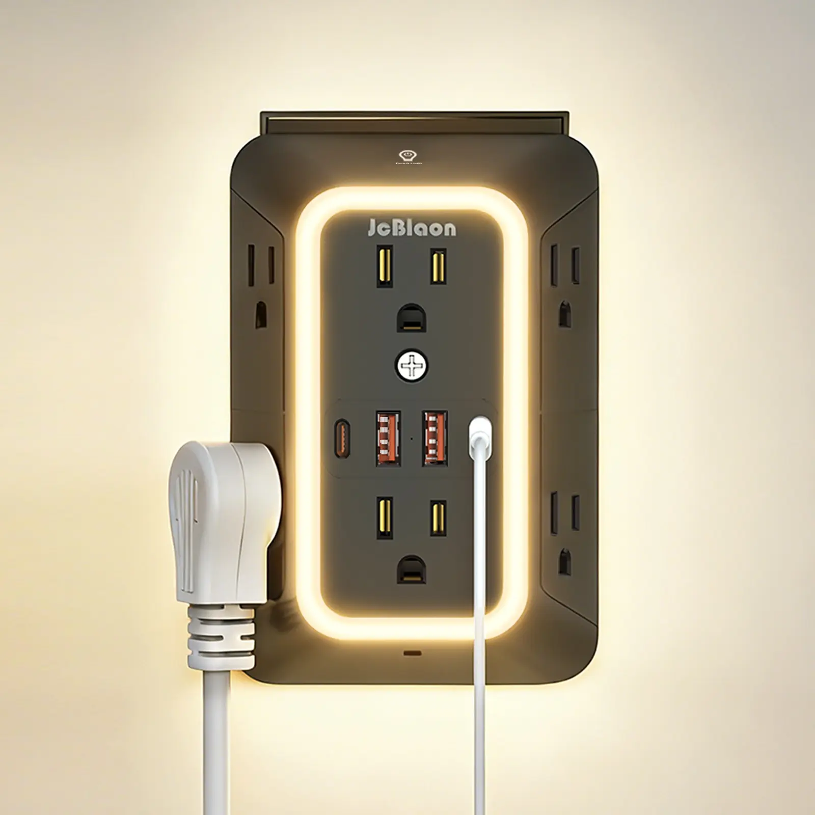 JcBlaon 6 Wide AC Surge Protector Outlets with 4 USB Ports (2 USB C) and Night Light, 1050J, 3-Sided Design USB Multi Plug Wall Charger for Home Travel Office（Black）
