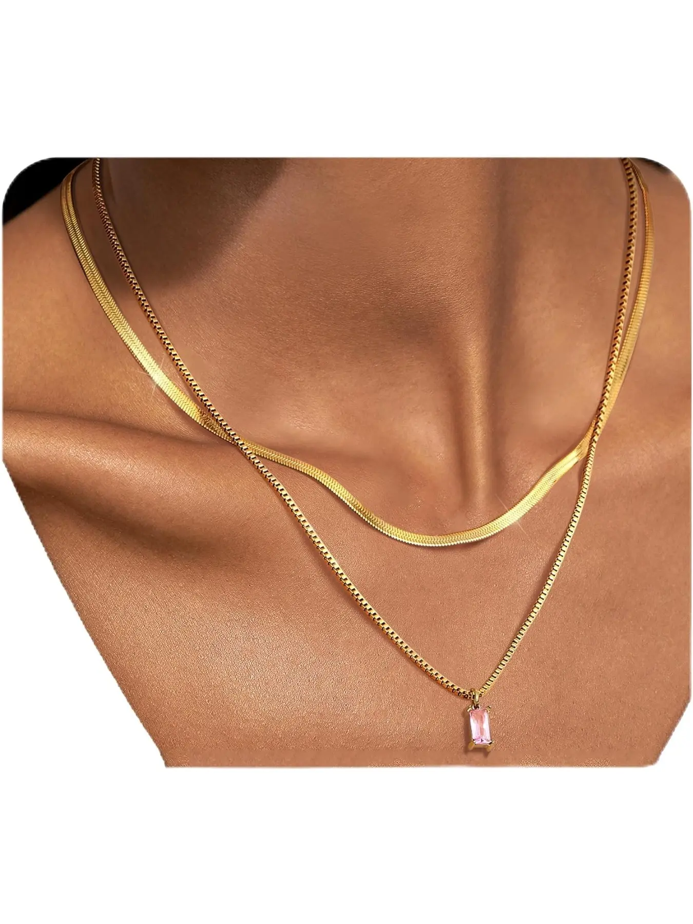 Gold Birthstone Necklaces for Women Dainty 14K Gold Plated Layered Necklace sparkling Green Diamond Pendant Necklace Simple Lightweight Gold Chain Necklace Set Stack Tarnish Free Gold Layered Necklaces Jewelry for Women Trendy Shining Necklace