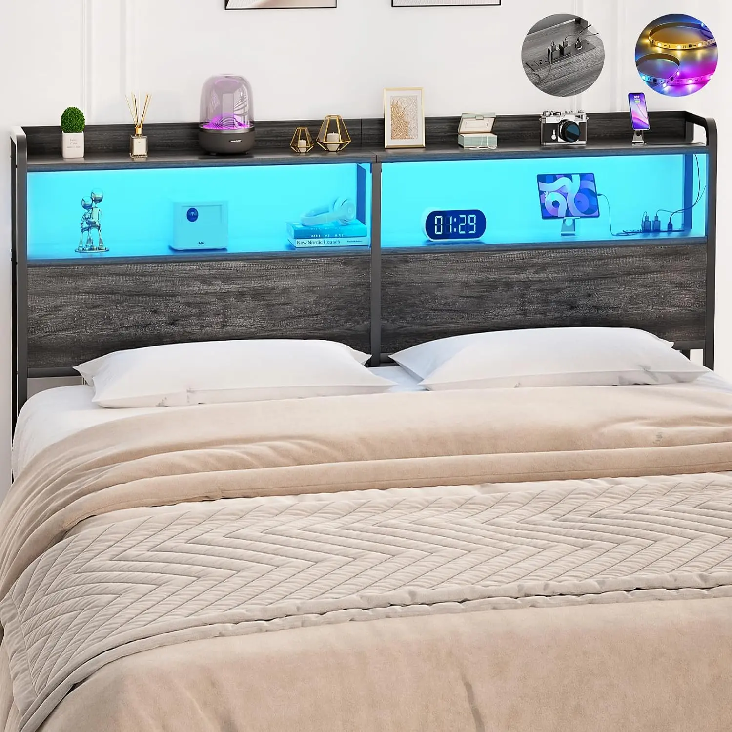 Headboard for  Size Bed Frame, Headboards with Outlets, USB Ports and LED Light,  Board with Storage, Height Adjustable, Sturdy and  Headboard,  Size, Black Oak