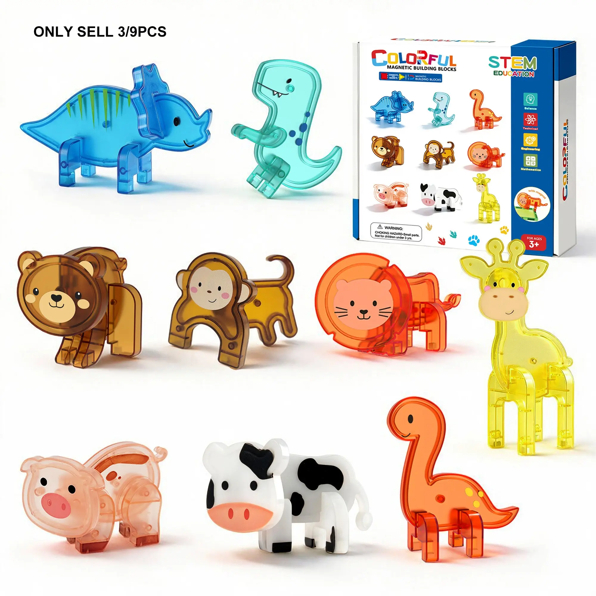 3/9pcs children's magnetic building block toy gift box set, with magnetic dinosaur, giraffe, lion and other animal magnetic building block accessories, creative assembly, Christmas/Halloween/Thanksgiving season/holiday gift giving