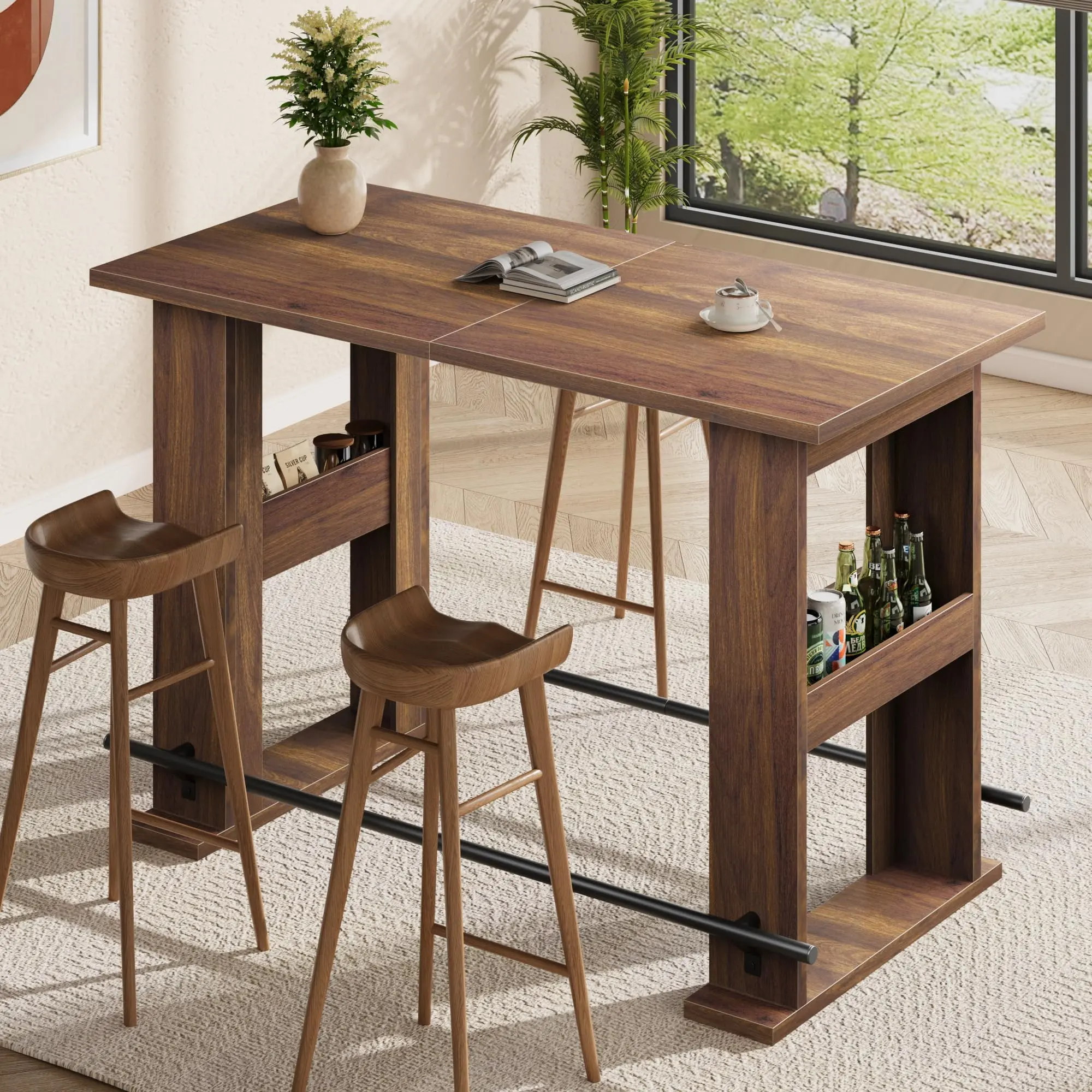 63-Inch Farmhouse Style Bar Table with Wooden Top, Storage Shelves, Metal Footrest - Counter Height Indoor Furniture for Kitchen, Dining Room