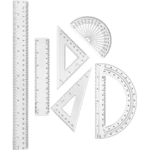 1 Set Clear Plastic Geometry Math Set, Includes Protractor, Triangle Rulers, 12 Inch & 6 Inch Transparent Straight Rulers, Measuring Tool for School Office Home Supplies
