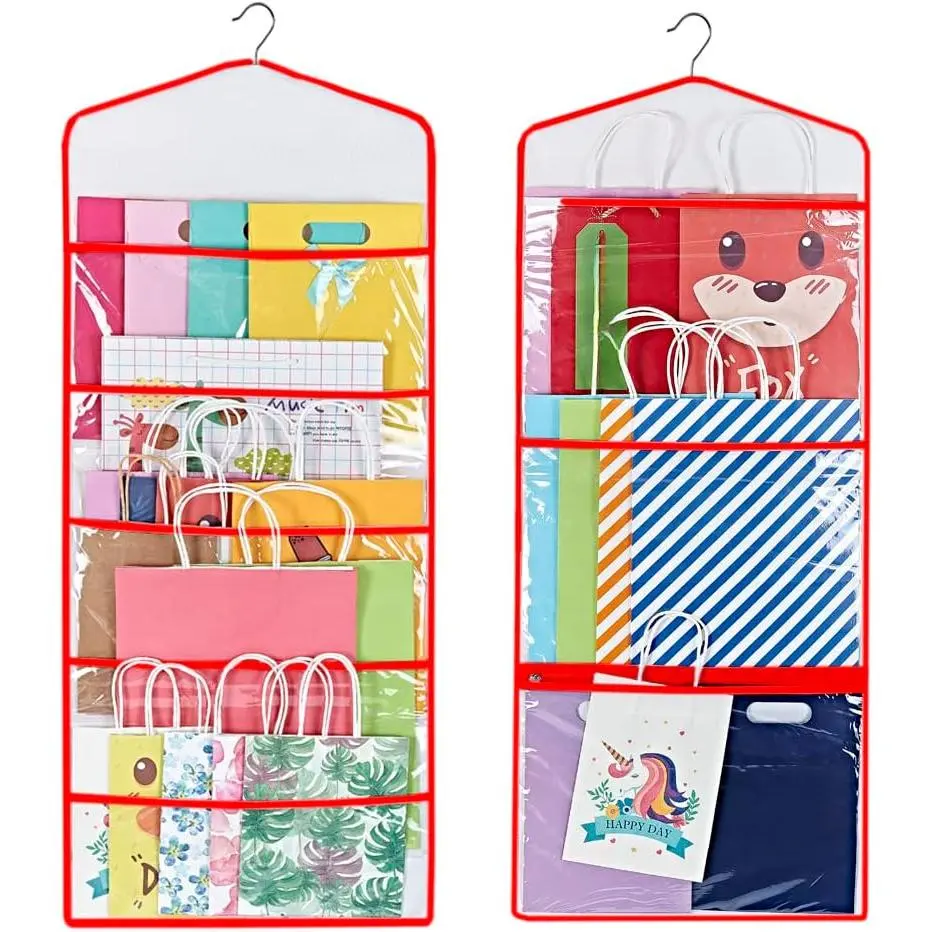 Hanging Gift Bag Storage Organizer, Red PVC, 38 x 16 Inch, for Tissue Paper and Wrapping Paper, Home Gift Wrapping Storage Organization