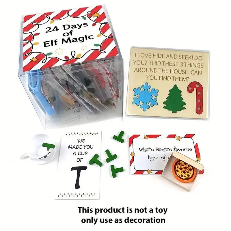 Festive 24 Days of Elf Magic Kit, Christmas Party Favors with Colorful Elf Illustrations, Paper & Plastic Items, No Power Needed
