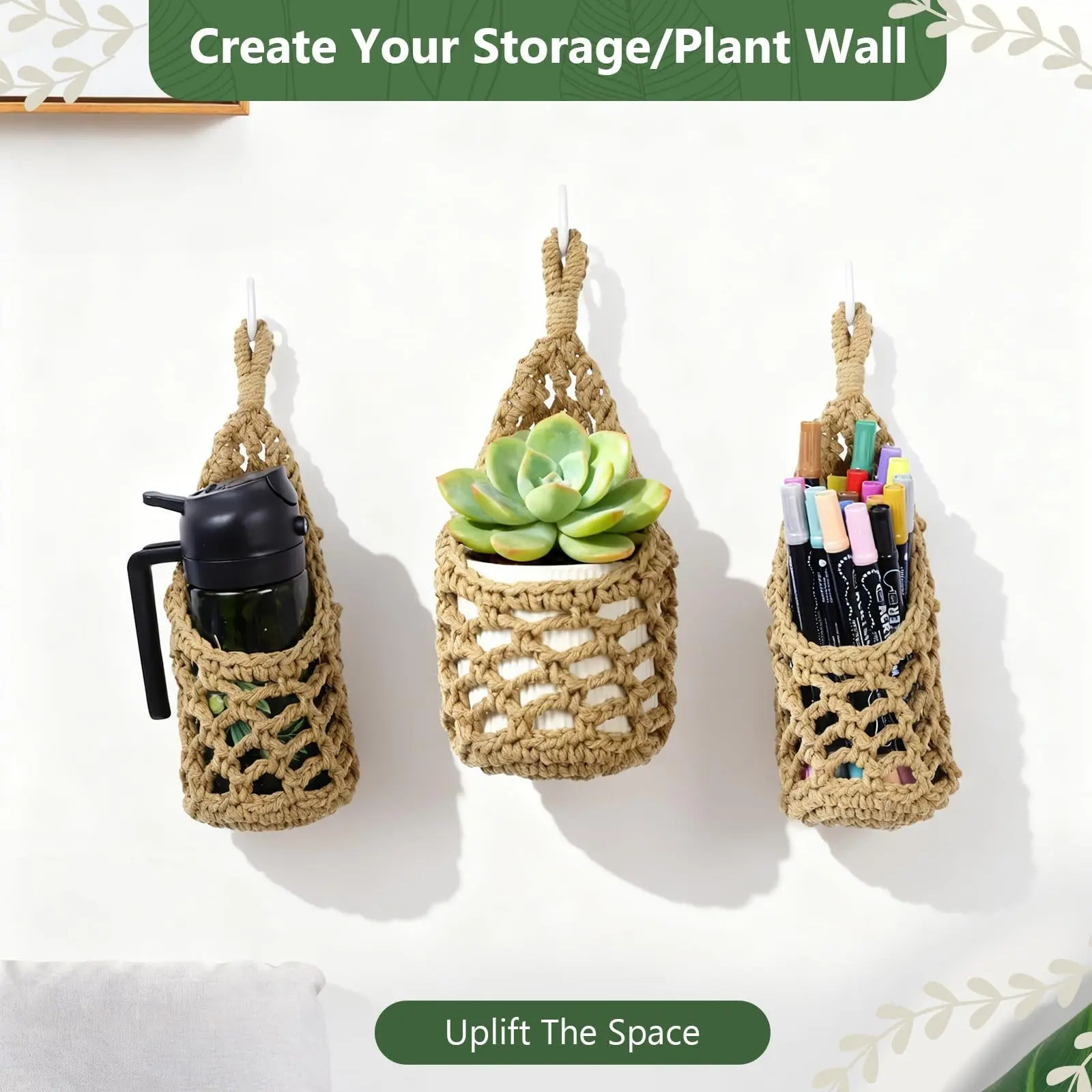 3-Piece Handmade Cotton Rope Bird Nest Water Drop Net, DIY Vase Mesh, Kitchen Wall Hanging, Fruit Vegetable Storage, Bohemian Birdhouse Organizer