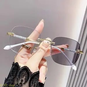 Women’s Rimless Photochromic Non Prescription Eyeglasses With Anti Blue Light Lenses, Lightweight Computer Eyewear Suitable For Office Screen Work Daily Urban Commuting And Indoor Close Vision Usage Scenarios