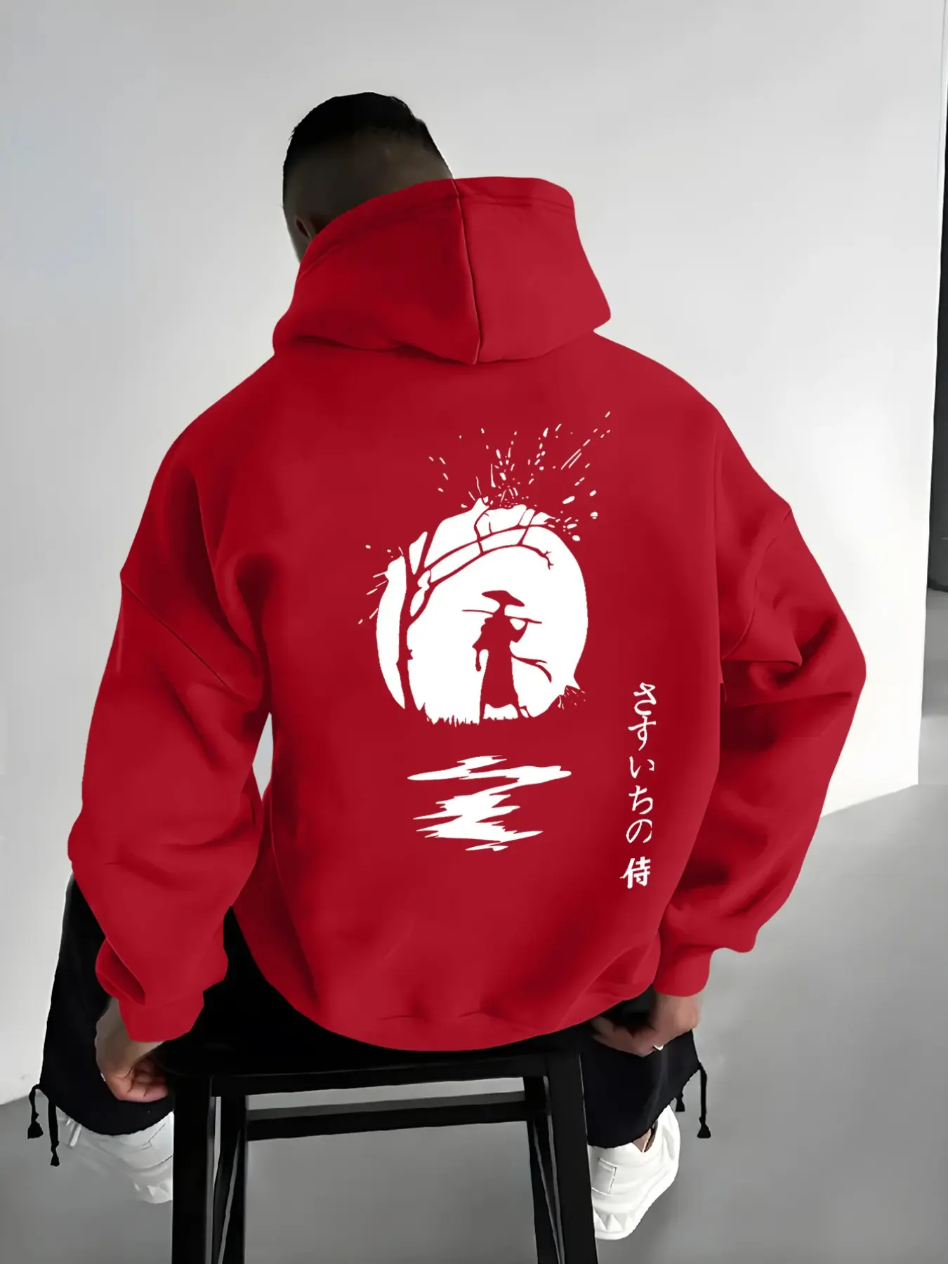 Men's Casual Sporty Hooded Sweatshirt, Japanese Samurai Print, Loose Fit Streetwear Y2K Hoodie, Men's Hooded Sweatshirt