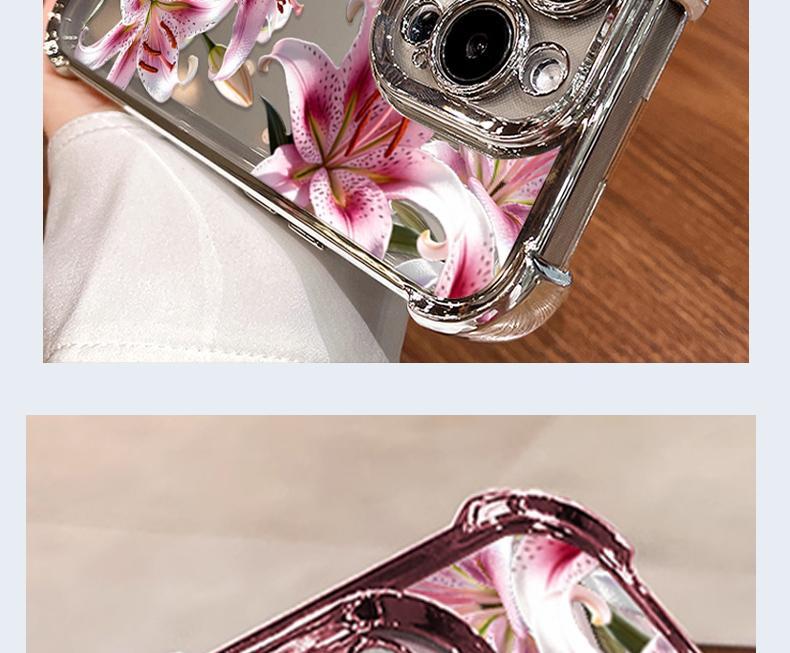 Phone case with pink lily design, compatible with iPhone 11/12/13/14/15/16/17 Pro Max, 14/15/16 Plus, X, & XS Max models, featuring a built-in chrome pink frame and drop protection.
