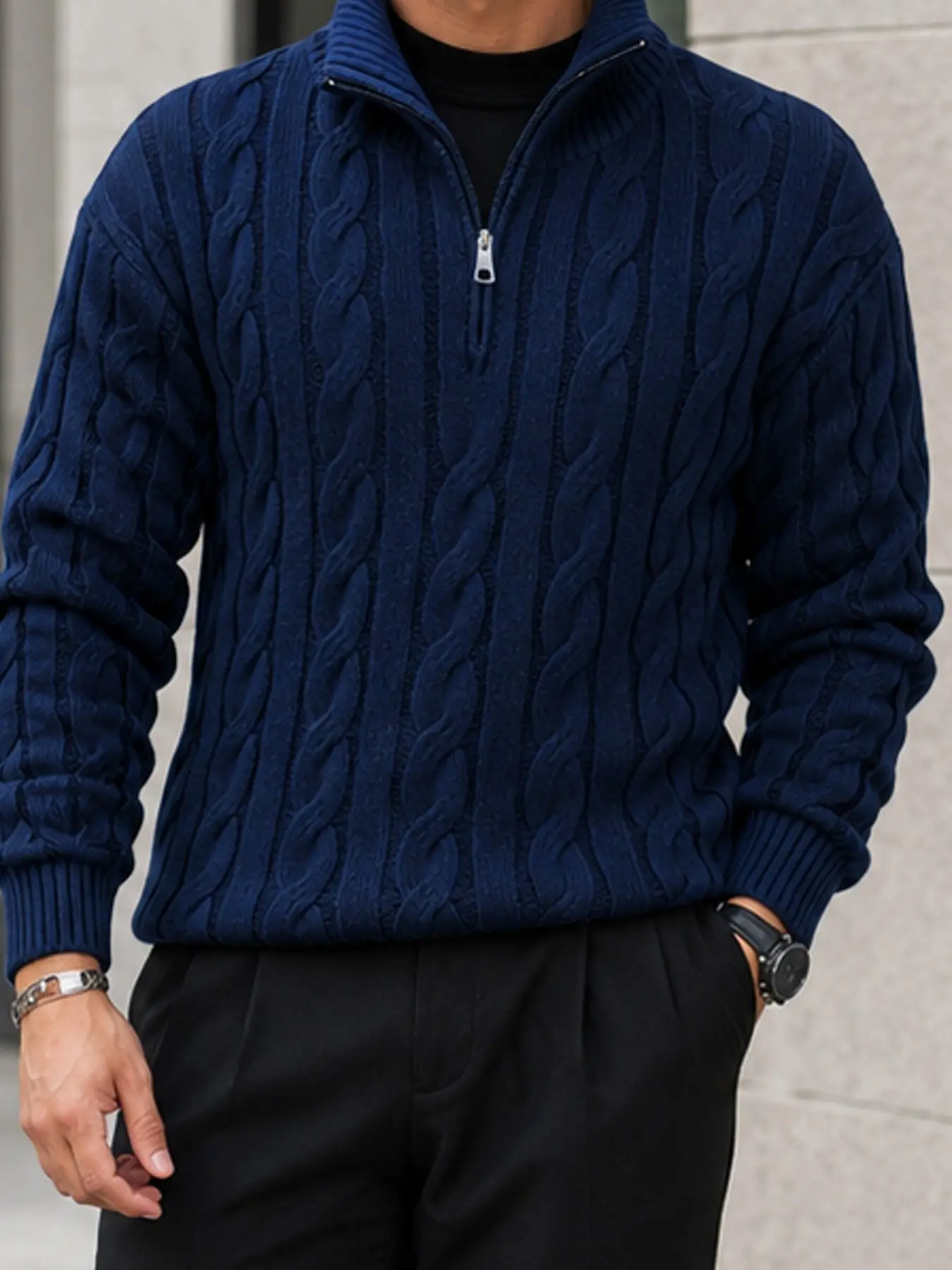 Men’s Thick Cable Knit Jumper, Half Zip Stand Collar, Soft Warm Stretch Fabric, Relaxed Fit, 4 Neutral Tones, Fall Winter Casual Wear