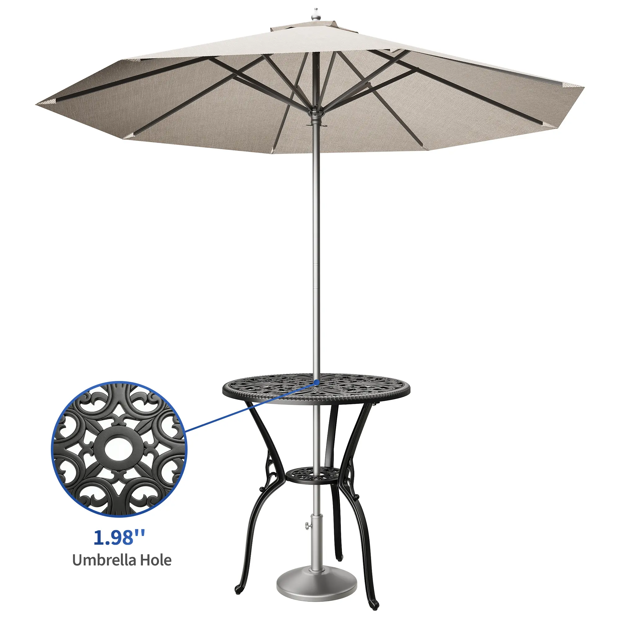 Durable Weather Resistant Cast Aluminum Round Patio Dining Table, 34 Inch Outdoor Table with 2-Inch Central Umbrella Hole, Lightweight Rustproof Garden Furniture for Balcony, Porch & Backyard Outdoor Dining