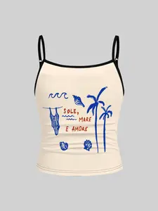 1-piece set girls' Mediterranean seaside style brown palm shell Italian letter print thin strap vest, black contrast adjustable thin shoulder strap side pleated slim-fitting vest, girls' vintage summer beach sleeveless casual strap shirt