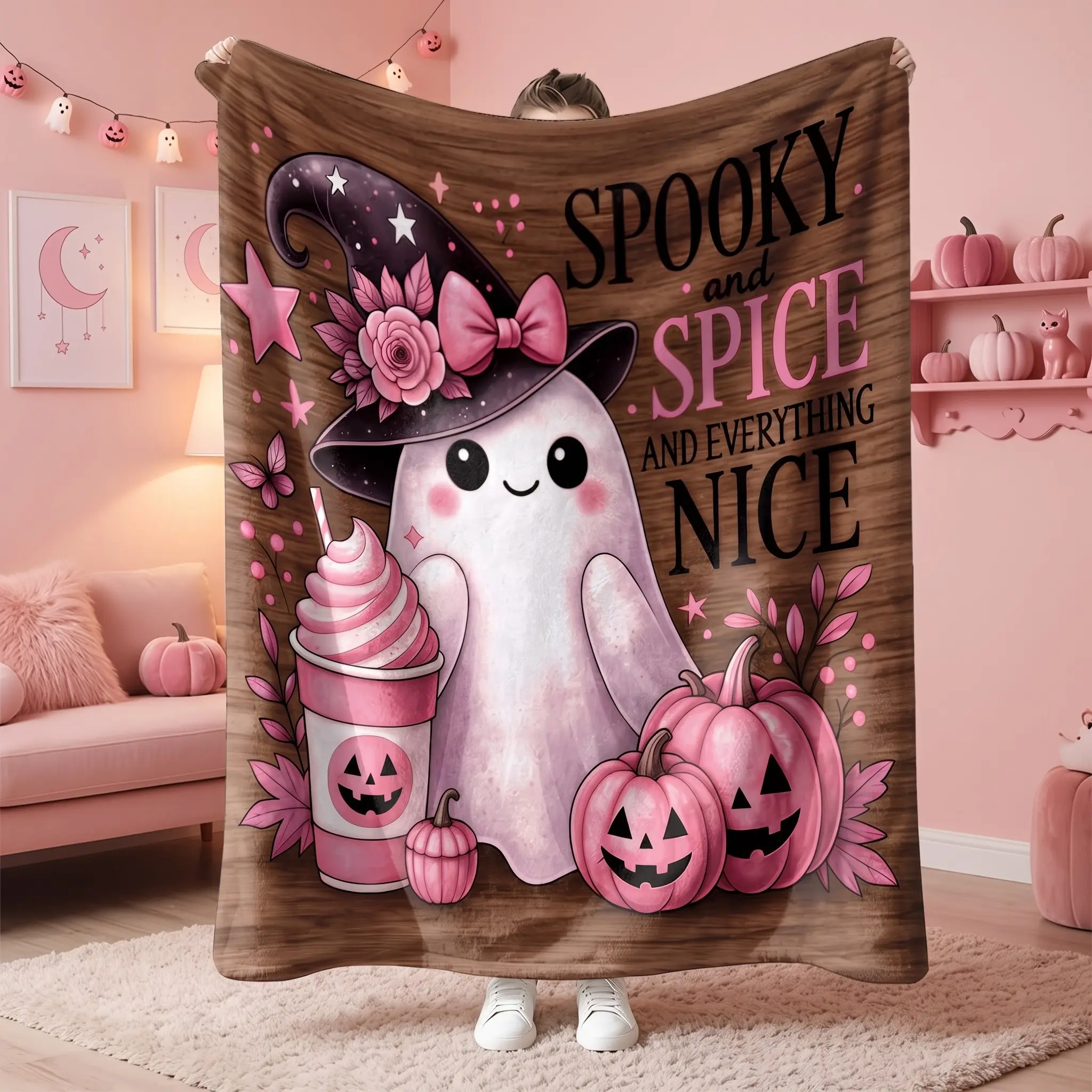 1pcs Cute Ghost Pink Halloween Flannel Fleece Throw Blanket, The blanket is thicker！Cozy Plush for Couch Sofa Bed, Fall Autumn Holiday Gift Idea, Cozy Throw Blankets