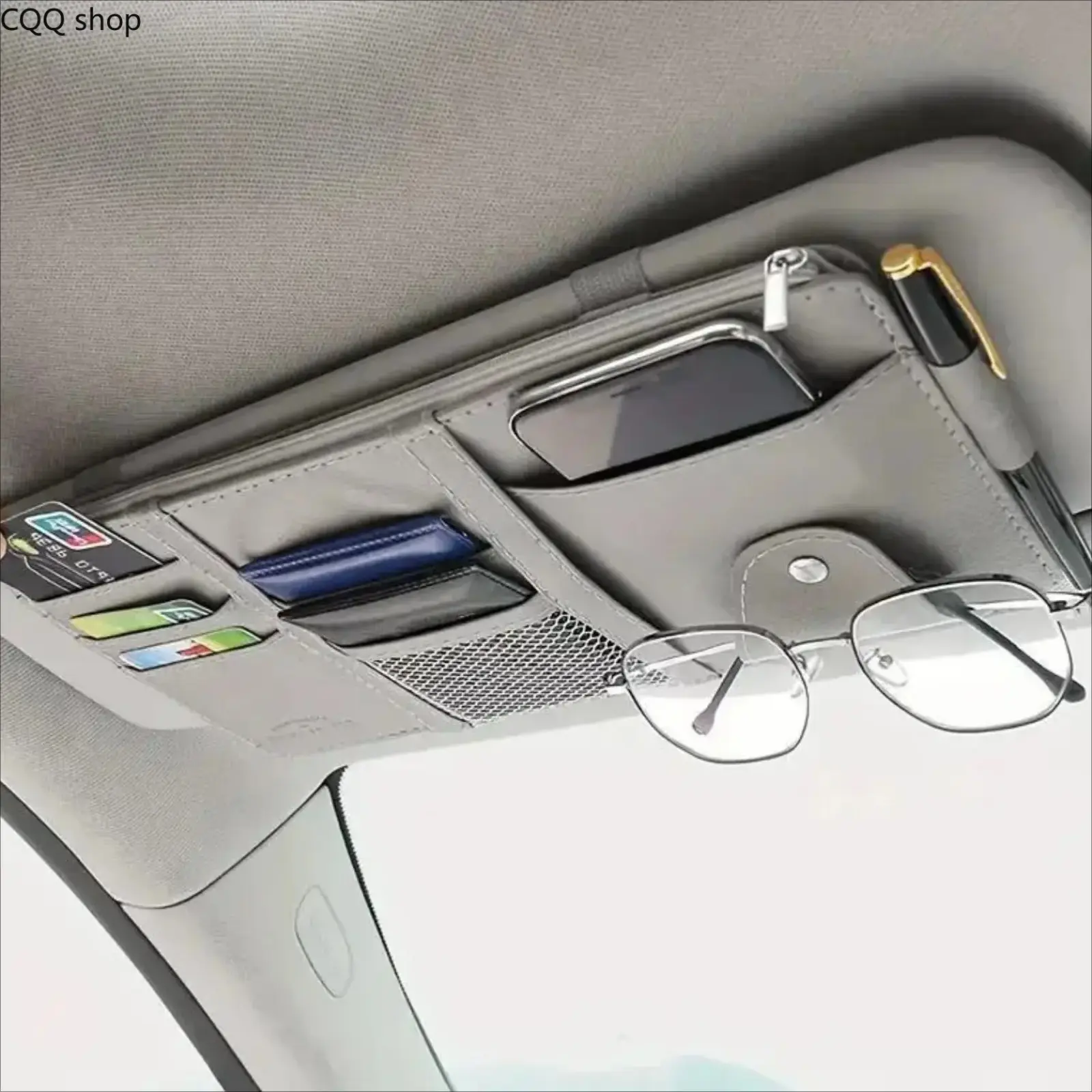 PU Leather Car Visor Organizer, Slim Ceiling-Mount Car Organization Supplies with Zippered Pockets & Multi-Pockets, Auto Accessories for Phones, ID Cards, Sunglasses & Small Items, Universal Vehicle Interior Accessories, Accessories For Car