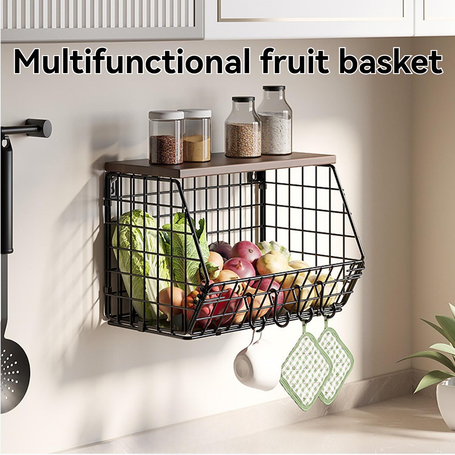 【Local Shipping】2-Pack Stackable Wall-Mounted Wire Baskets | Onion & Potato Storage with Wooden Tabletop | Countertop or Wall-Mounted Kitchen Organizer | Pantry & Counter Space-Saving Design | Rust-Resistant Metal Hanging Baskets