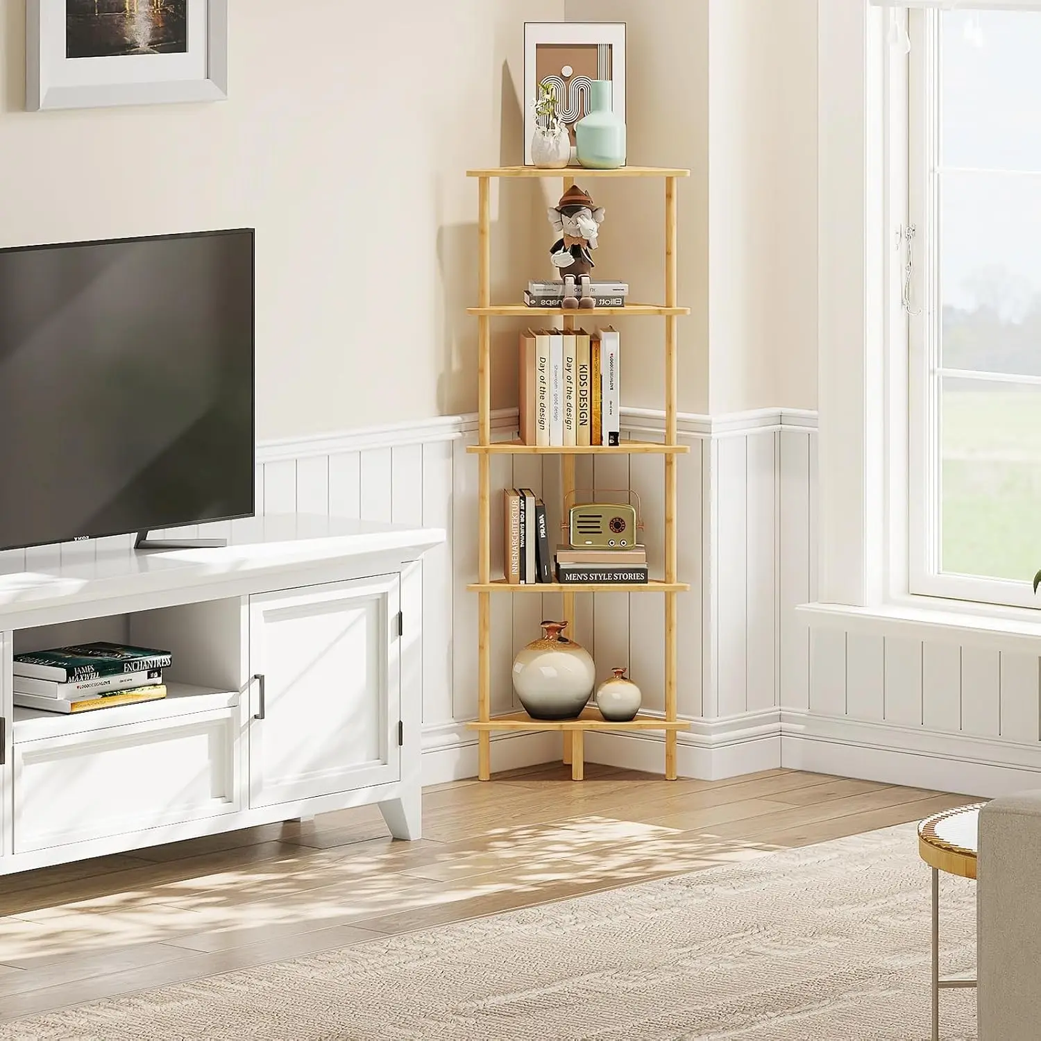 Corner Shelf Stand, 5-Tier Bamboo Corner Bookshelf, Plant Display Shelf, Corner Bookcase, Multipurpose Shelving Unit for Small Space, Living Room, Easy Assembly, Natural YL20CJ01