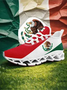 Men's Red Green White Mexico Flag Print Lace-Up Low Top Sneakers, Lightweight Sports Shoes, Comfortable Running Shoes, Walking Shoes, Breathable Plus Size