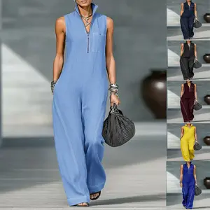 Women's Stand Collar Sleeveless Casual Loose Cotton-Linen Jumpsuit