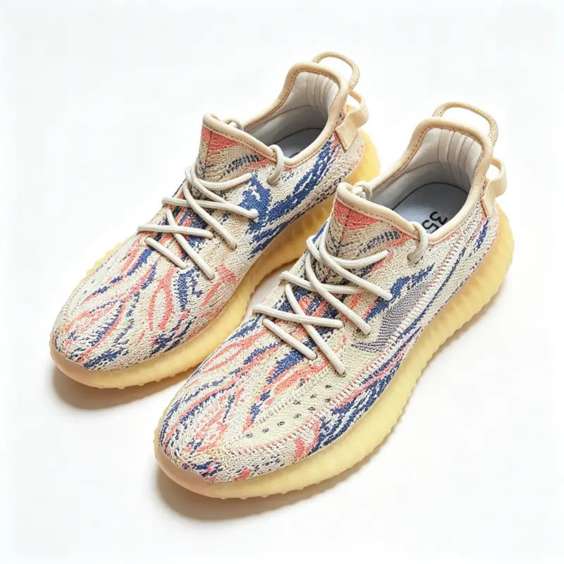 Multicolor Abstract Marbled Fly Knit Running Sneakers Cream Yellow Translucent Serrated Midsole Integrated Sock Style Upper Soft Cloud Cushion Structure Breathable Elastic Athletic Trainers Unisex Sport Footwear for Road Jogging Gym Workout