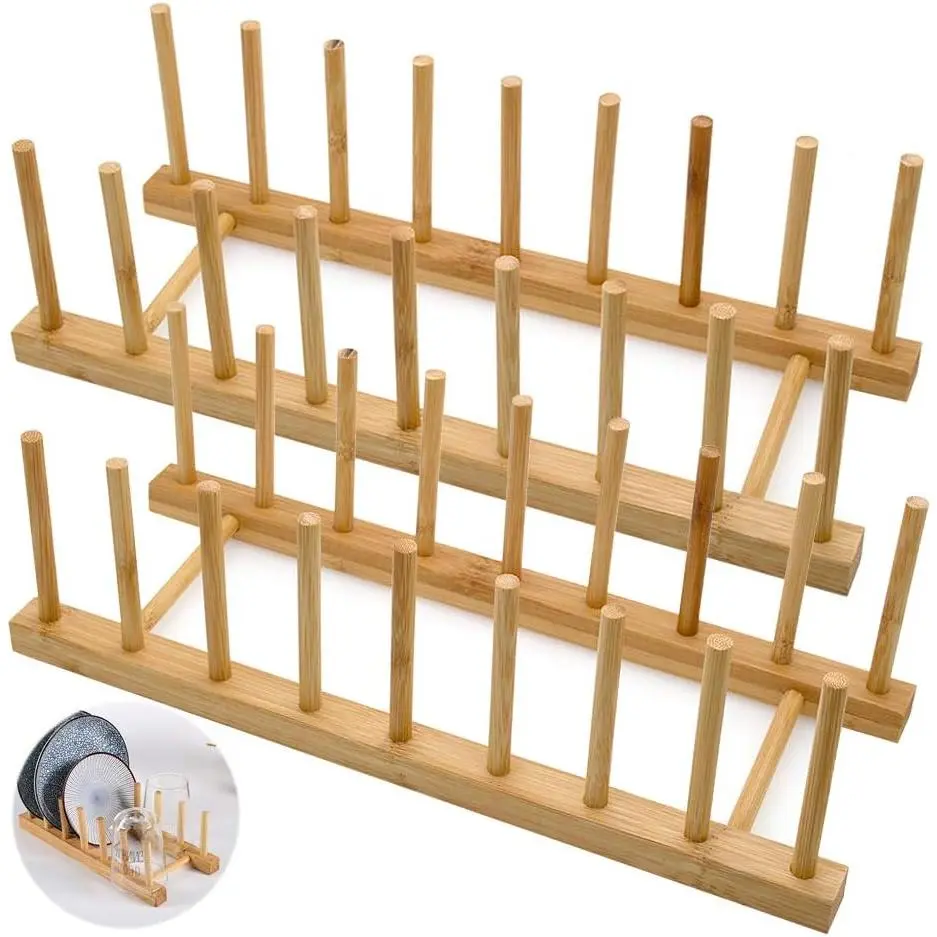 Set of 2  Wooden Dish Rack, Plate Rack Stand Pot Lid Holder, Kitchen Cabinet Organizer for Bowl, Cup,  Board and