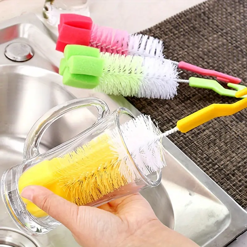3pcs random color item - Household long handled milk bottle brush - Cup brush Kitchen fine bristled sponge brush Glass cup cleaning brush 360 degree rotating brush