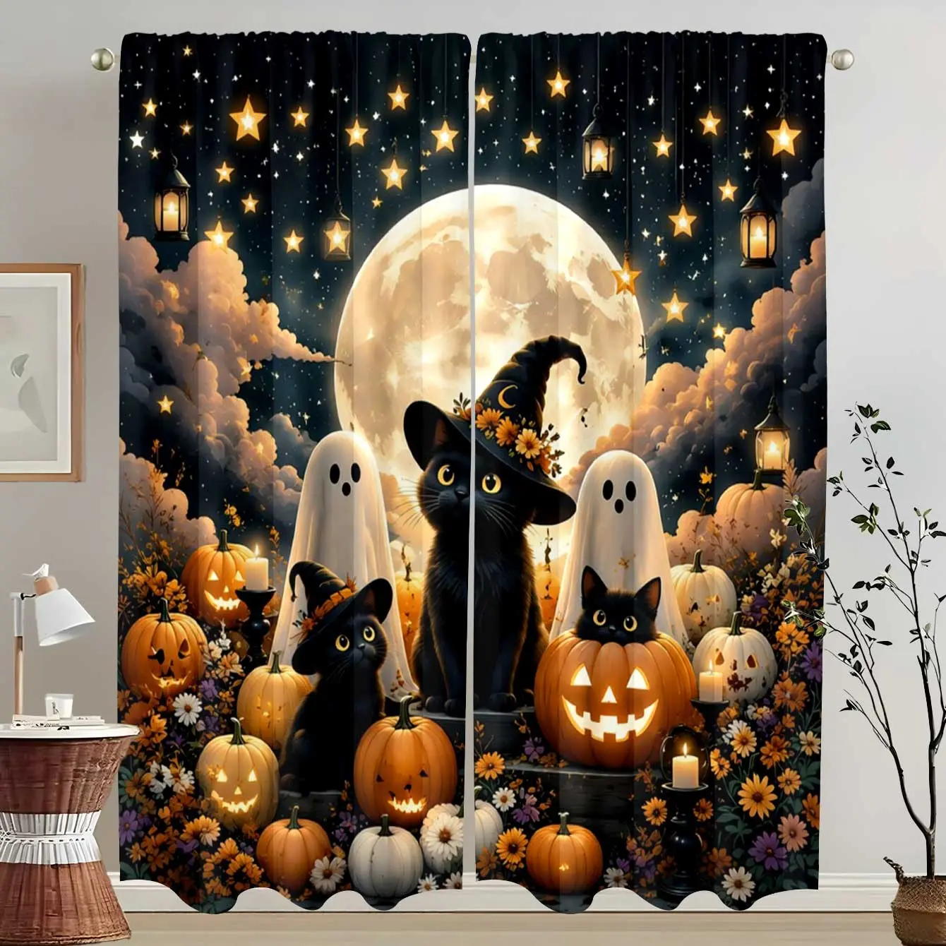 2-piece Halloween-themed curtain set, featuring cute witch, black cat, ghost, pumpkin lantern and vintage lantern prints on semi-transparent curtains. Rod bag curtains. Suitable for living room, bedroom and home decoration. Hand washable, hookless.