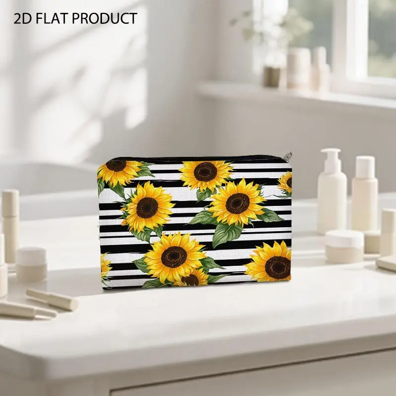 Stylish Sunflower Print Makeup Bag, Black and White Striped Background with Repeated Vibrant Floral Pattern, Double-sided Design in Size 5.9*8.66inch, Portable Cosmetic Pouch for Daily Storage, Travel and Personal Grooming Use