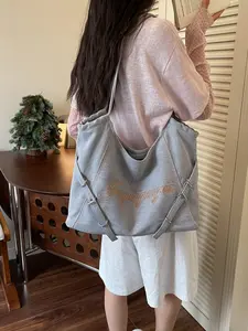 Vintage Denim Tote Bag, Letter Embroidery Design, Side Loop Strap Decoration, Large Capacity Commuter Shoulder Bag, Fashionable and Practical