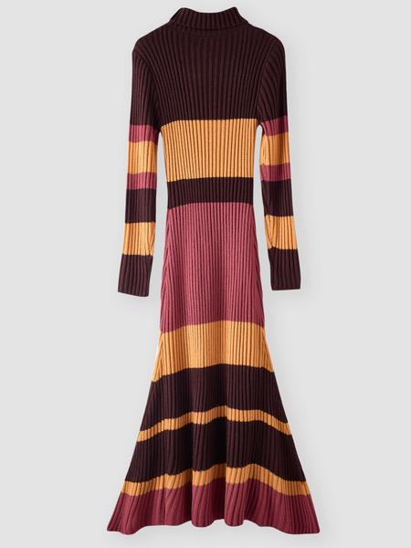 Elegant Women's Knit Dress, High Neck Long Sleeve Mermaid Tail Design, Colorblock Patchwork, Single Wear or Layering, Fall Winter Fashion