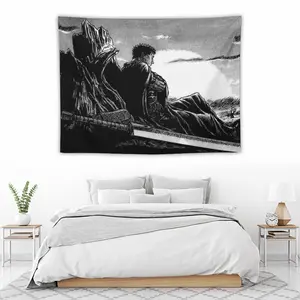 Berserk Guts Sitting Sword Wall Tapestry for Adult Fans, Mid-century Modern Black Flash Manga Wall Art, Y2K Y3K Aesthetic Room Decor, 1980s Retro Cinematic Bedroom Flag for Anime Otaku Men Gen Z