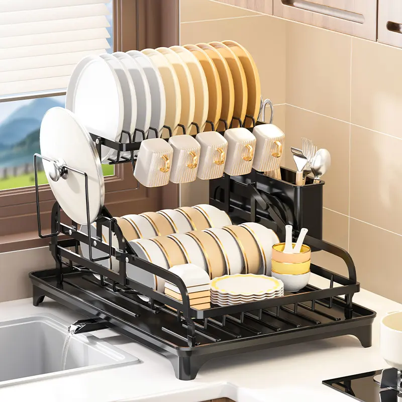Camping Large-Capacity Dish Drying Rack with Drainboard, Adjustable Countertop Kitchen Organizer - Rustproof, with Knife-Utensil Holder for Spoons, Forks, Tableware, Chopping Boards, Farmhouse, Home Supplies