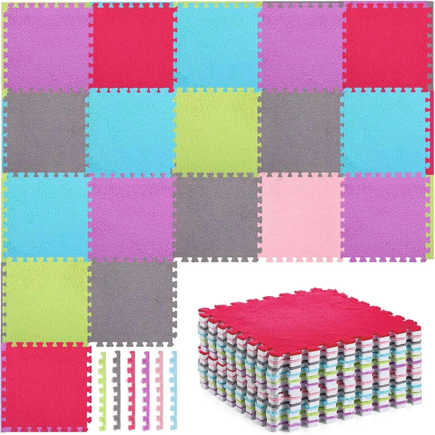 18 Pcs Interlocking Plush Foam Shaggy Soft Square Carpet Tiles with Border 12" Fluffy Colorful Floor Mats 0.4" Thick Protective Puzzle Playroom Area Rug Playmat for Bedroom
