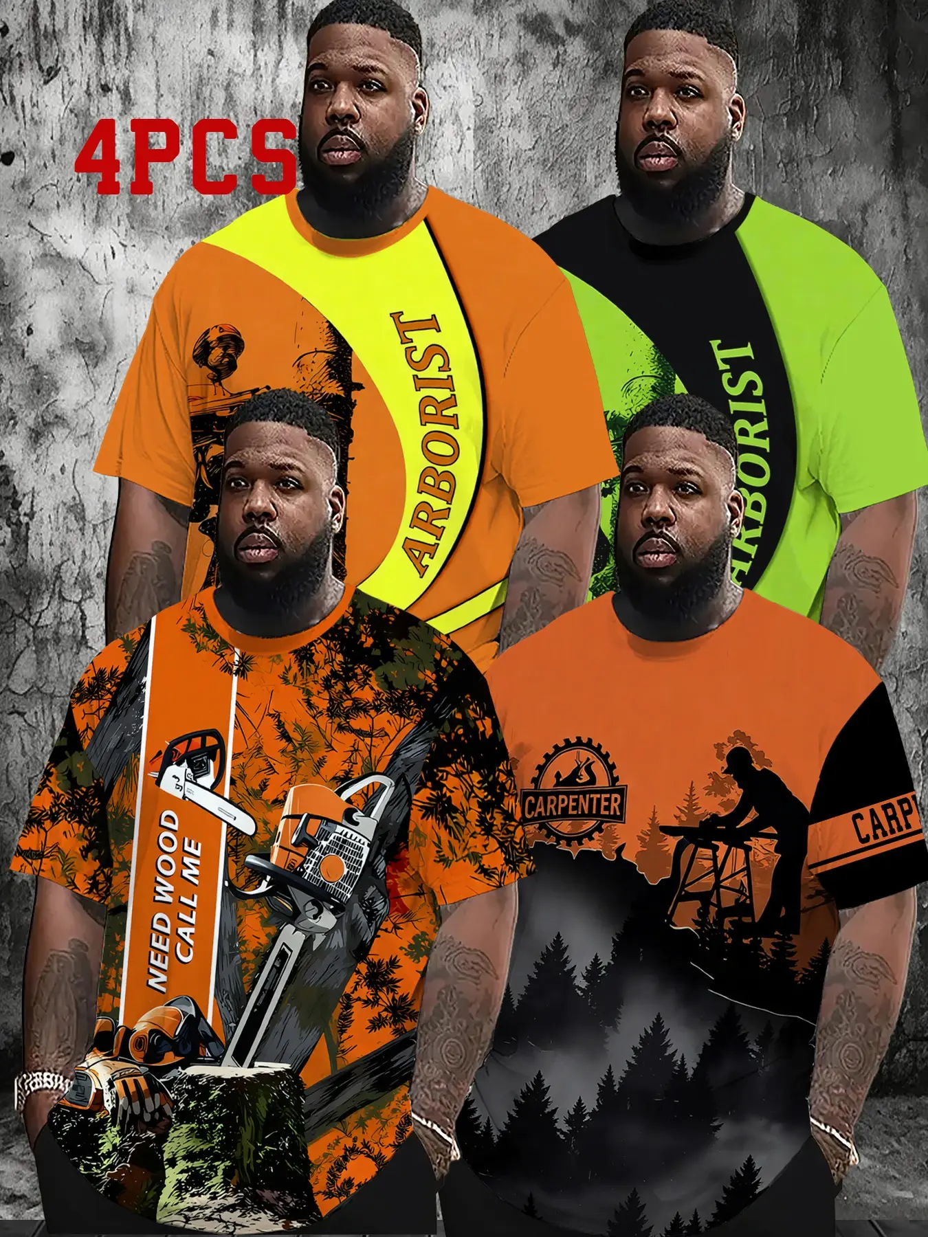 4-Pack Men's Plus Size Quick-Dry T-Shirts, Casual Outdoor Arborist Saw Tool Digital Print, Block, Loose Fit Workwear