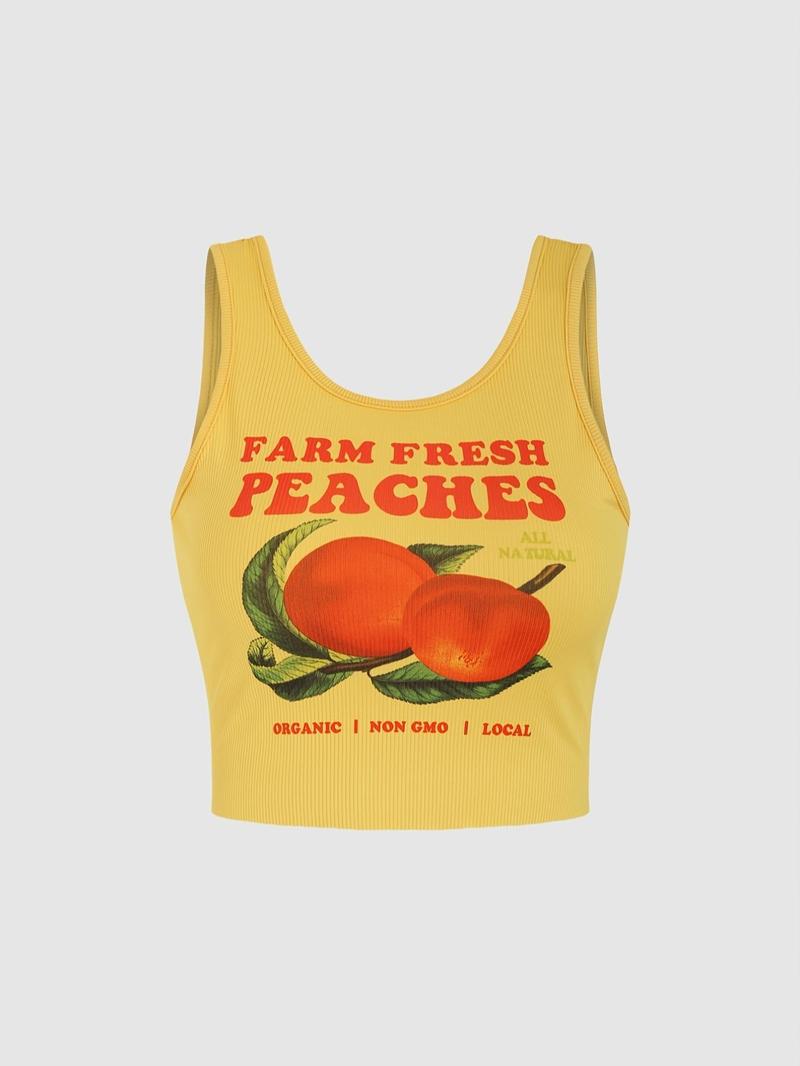 Women's Letter & Fruits Print Crop Tank Top, Casual Scoop Neck Sleeveless Top for Daily Wear, Ladies Clothes for All Seasons