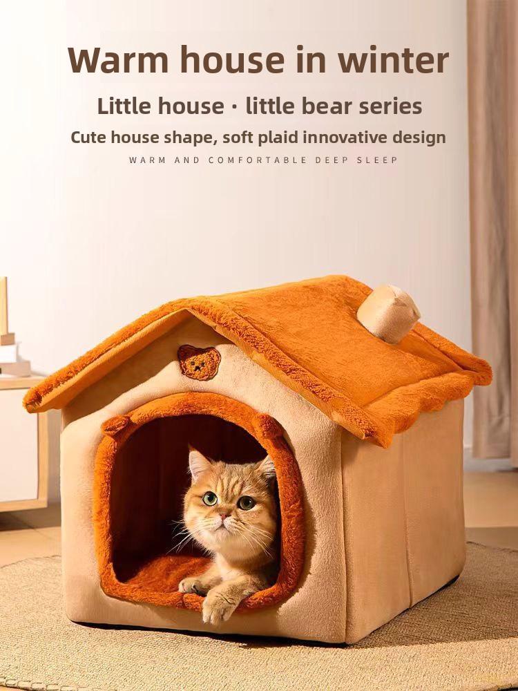 All-Season Warm Enclosed Cat House Villa Washable Removable Cover Cozy Pet Nest Warm Cave Bed for Cats Small Dogs