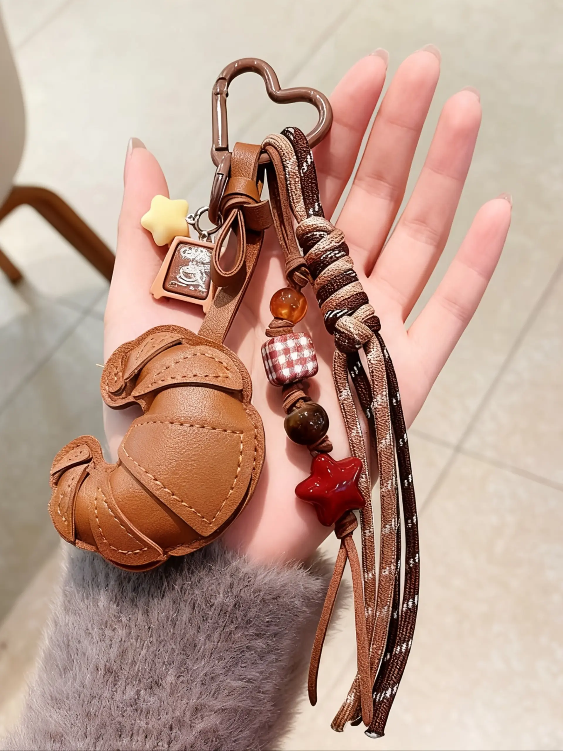 Vintage Brown PU Leather Croissant Bag Charm Key Chain with Heart Carabiner,Handmade Croissant-Shaped Keychain,Keychain for bags,Woven Braided Rope Tassel Cube Beaded Star Pendant Coffee Cup Tag Purse Accessory Backpack Handbags Charms Car Key Holder