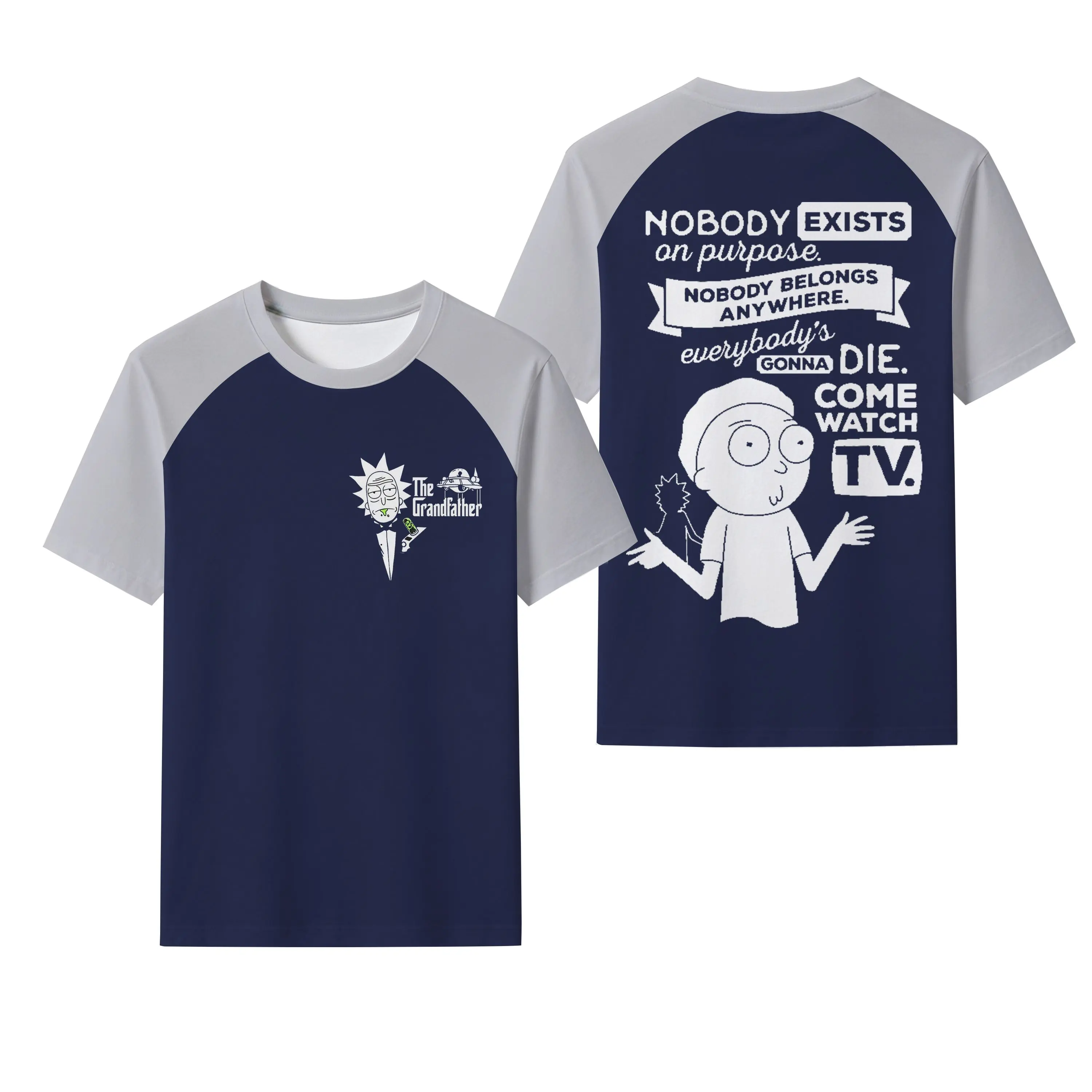 Rick and Morty Graphic Raglan T-Shirt, Navy Gray Short Sleeve Crewneck, Nobody Exists Morty Quote Front Back Print, Retro Baseball Tee