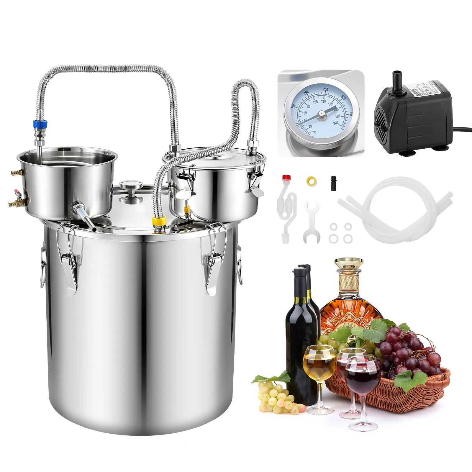 VEVOR Stainless Steel Alcohol Still Equipment, 13.2 GAL/50L Alcohol Distiller with Thumper Keg, Dual-Scale Thermometer, Water Pump, Silver Home Brewing Kit for Home Brewers (DIY Whiskey, Wine, Brandy)